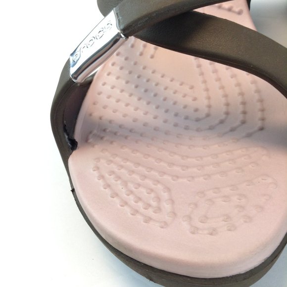 Crocs Cyprus Block Heels Brown Pink Criss Cross Strap - Picture 16 of 16